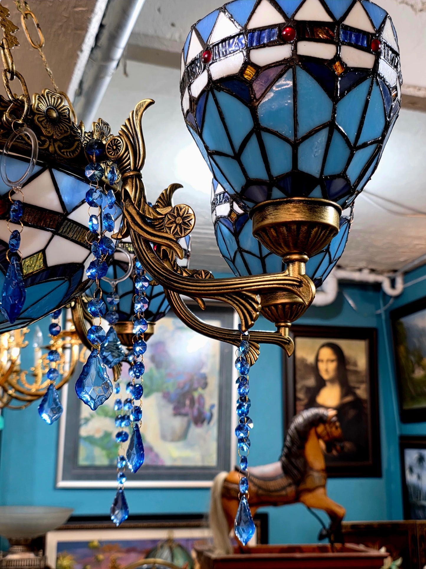 🔱💎 Candil Tiffany Retro de 9 Luces — Elegancia en Vitrales y Cristales 💙🔱