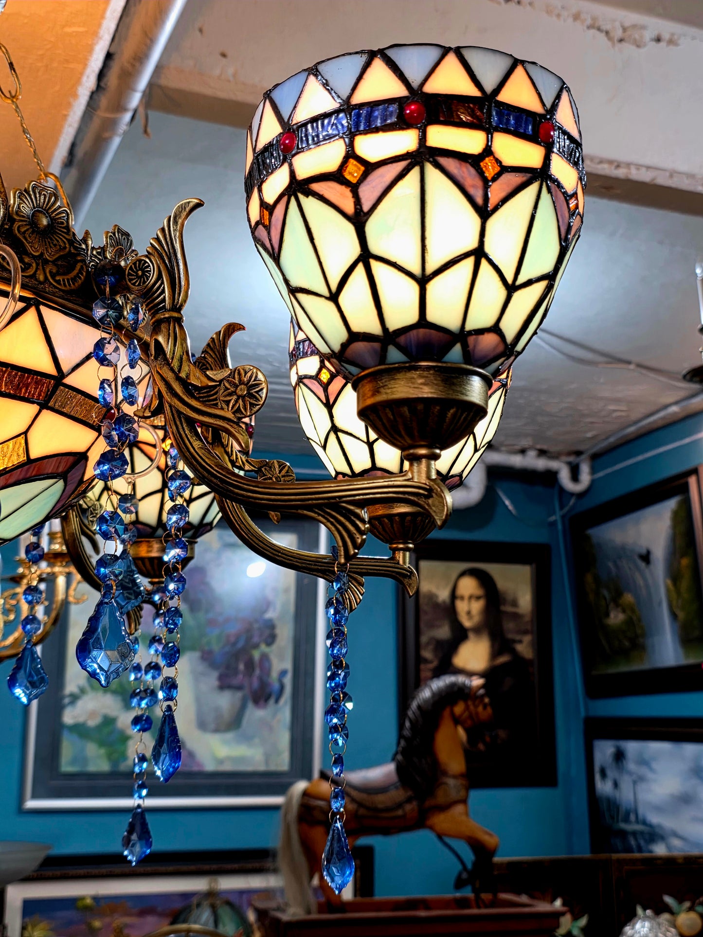 🔱💎 Candil Tiffany Retro de 9 Luces — Elegancia en Vitrales y Cristales 💙🔱