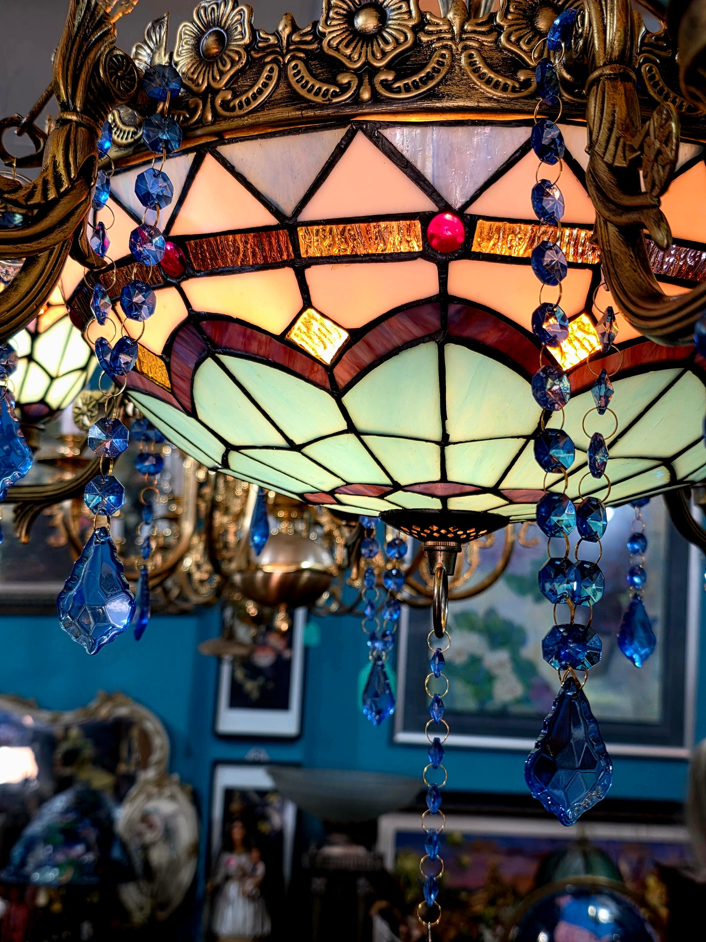 🔱💎 Candil Tiffany Retro de 9 Luces — Elegancia en Vitrales y Cristales 💙🔱