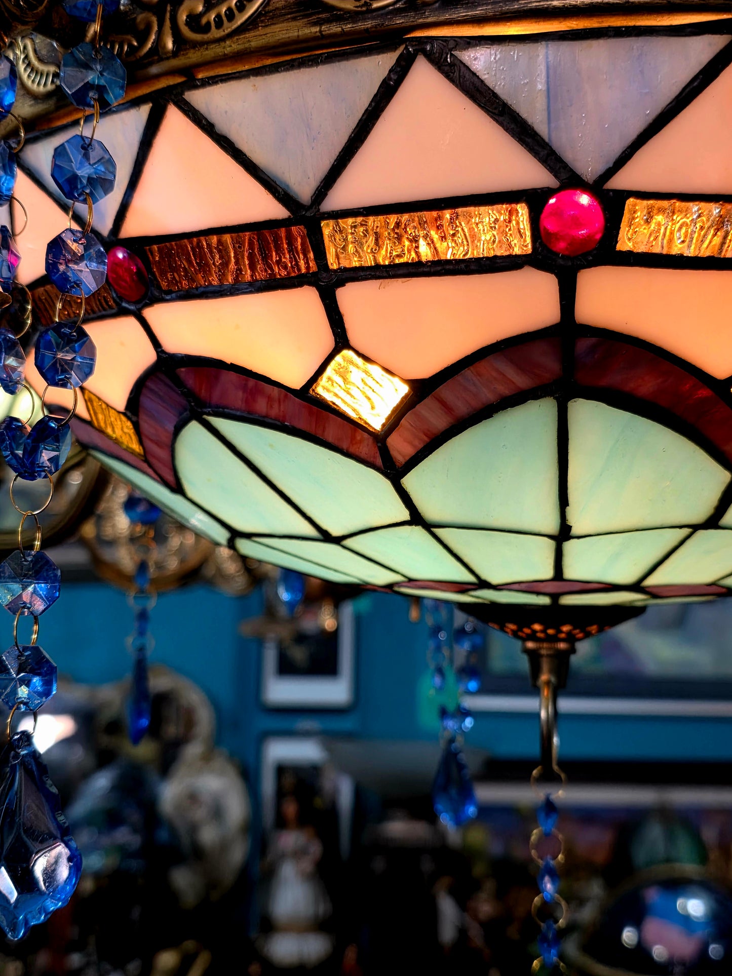 🔱💎 Candil Tiffany Retro de 9 Luces — Elegancia en Vitrales y Cristales 💙🔱