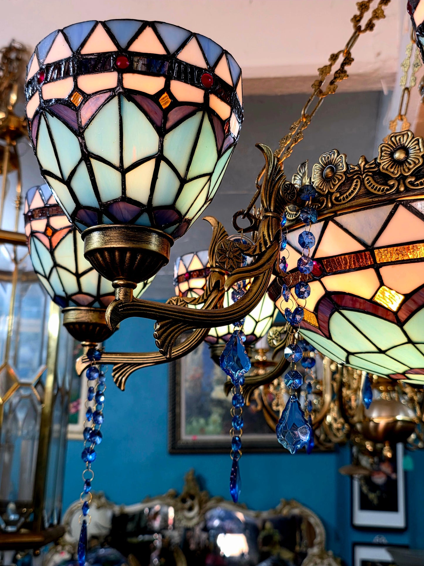 🔱💎 Candil Tiffany Retro de 9 Luces — Elegancia en Vitrales y Cristales 💙🔱