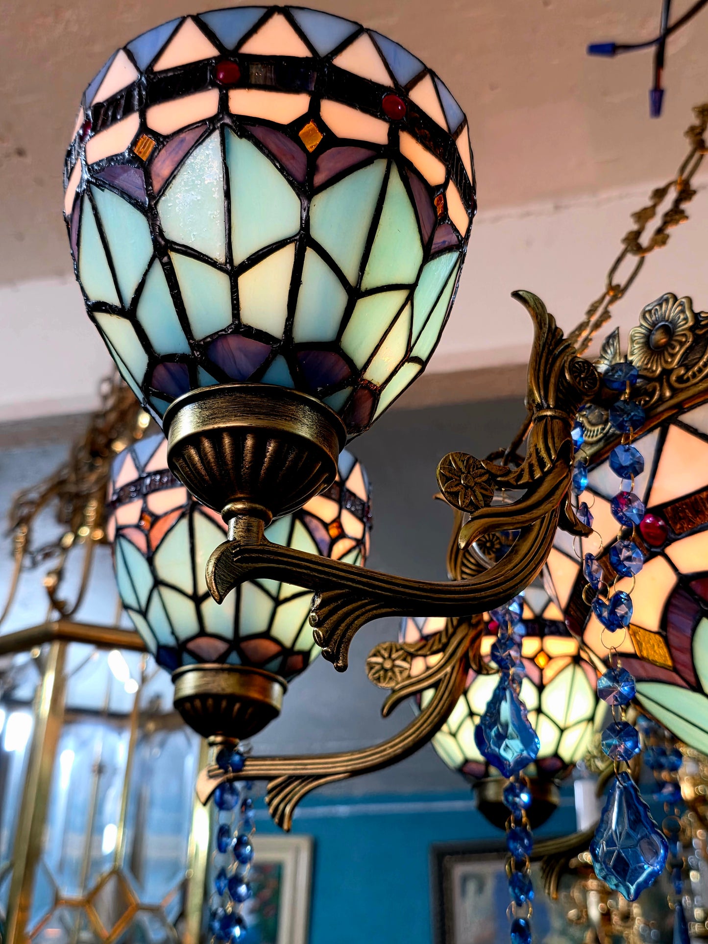 🔱💎 Candil Tiffany Retro de 9 Luces — Elegancia en Vitrales y Cristales 💙🔱
