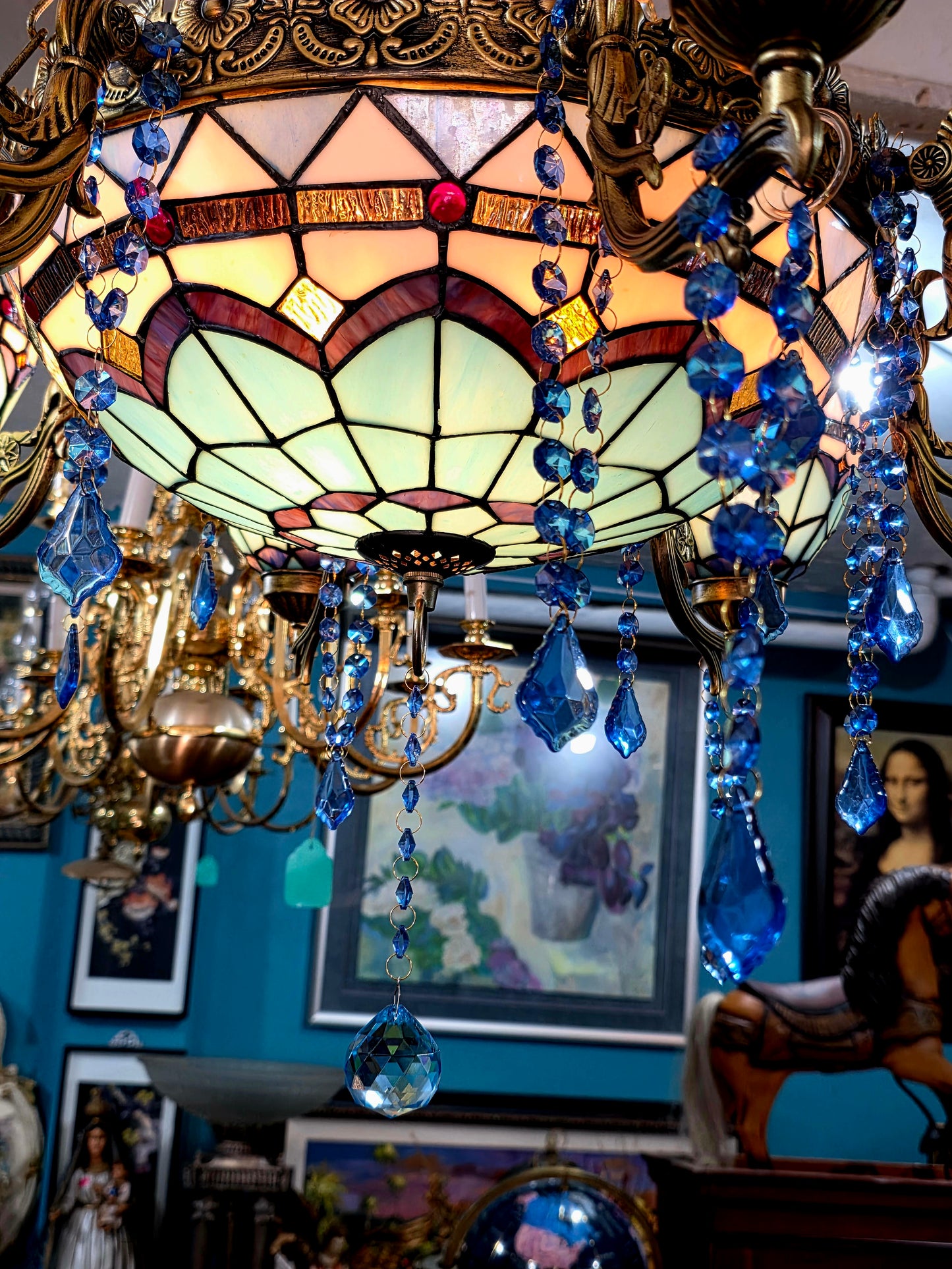 🔱💎 Candil Tiffany Retro de 9 Luces — Elegancia en Vitrales y Cristales 💙🔱