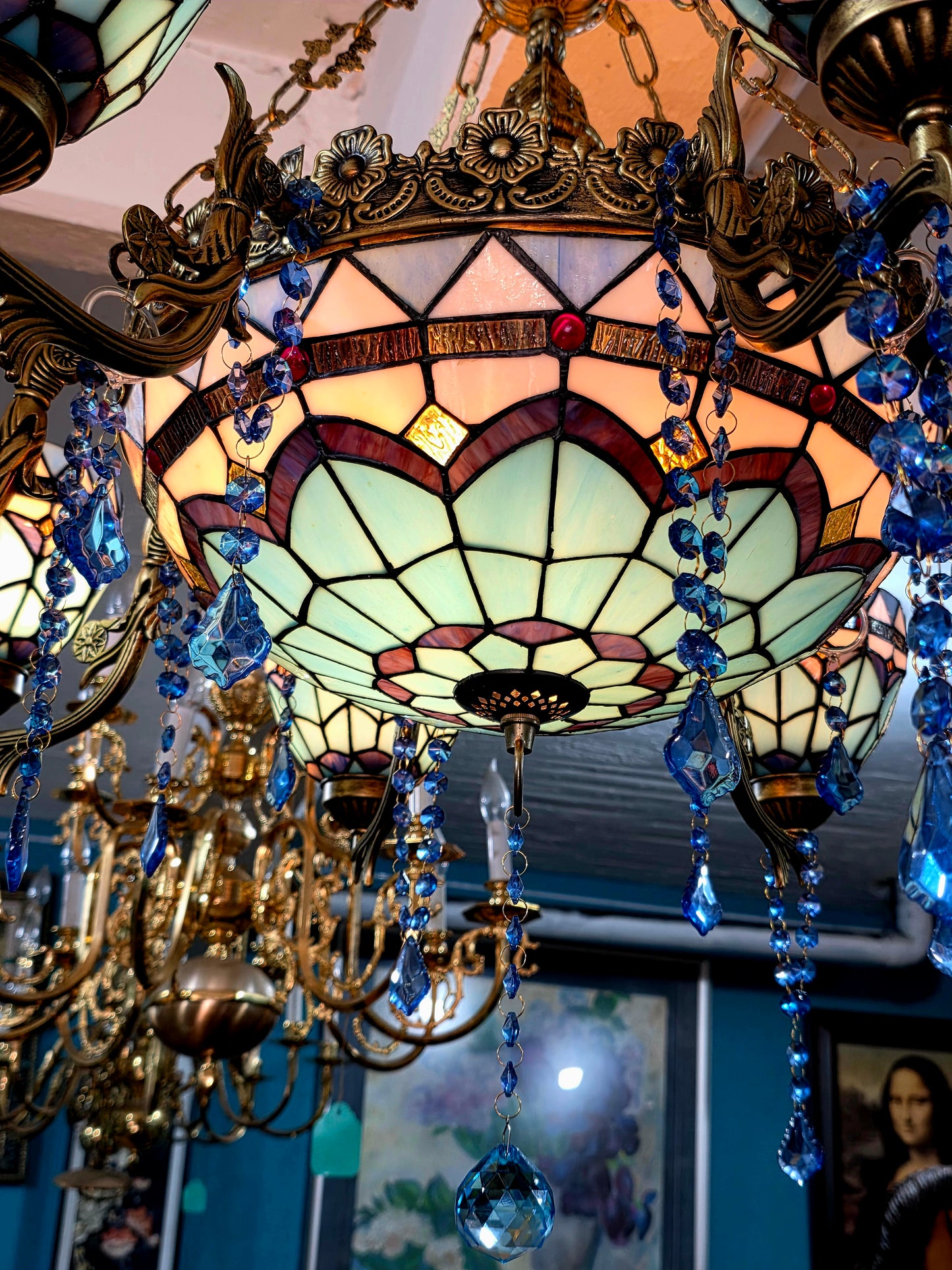 🔱💎 Candil Tiffany Retro de 9 Luces — Elegancia en Vitrales y Cristales 💙🔱