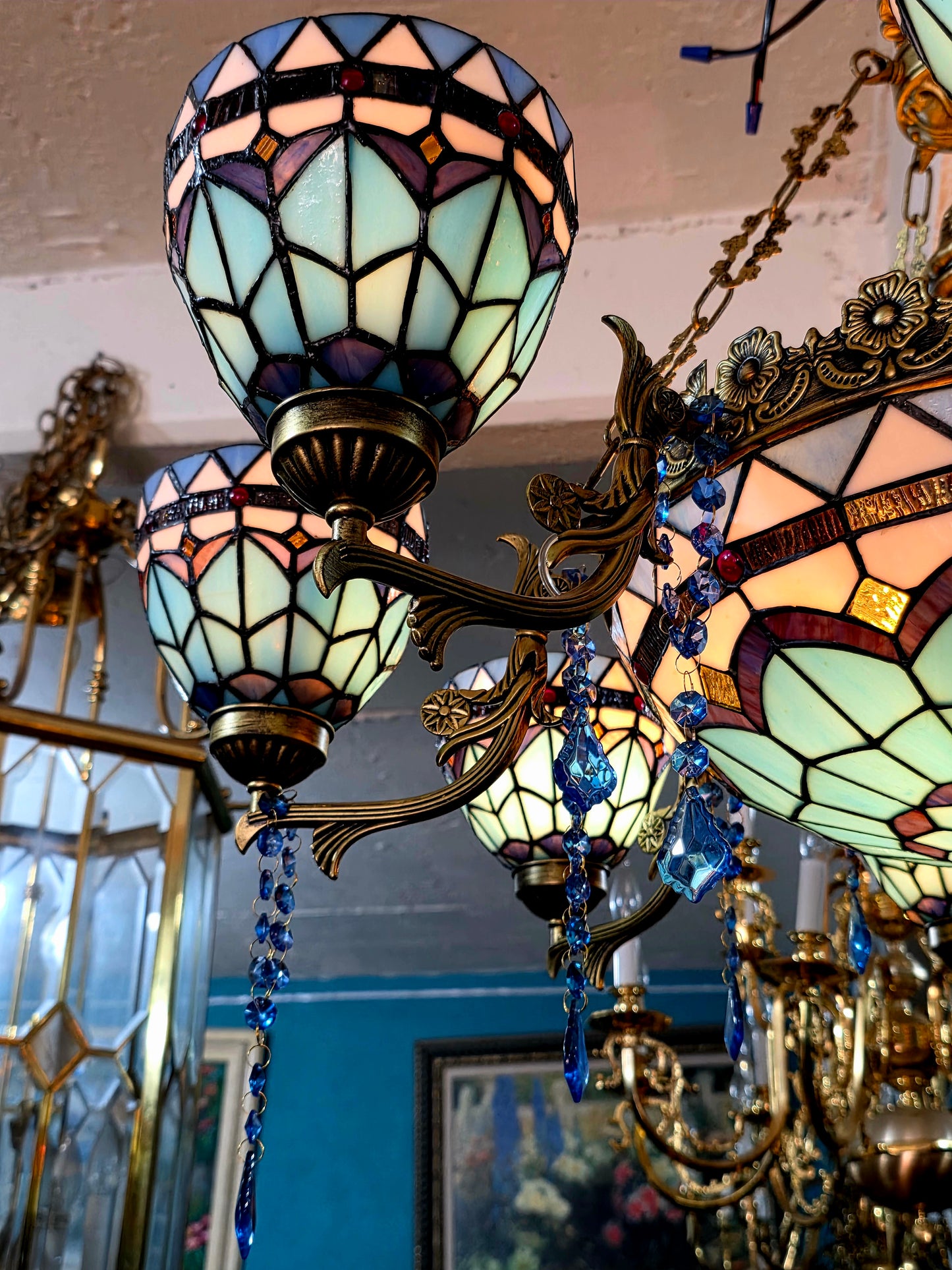 🔱💎 Candil Tiffany Retro de 9 Luces — Elegancia en Vitrales y Cristales 💙🔱