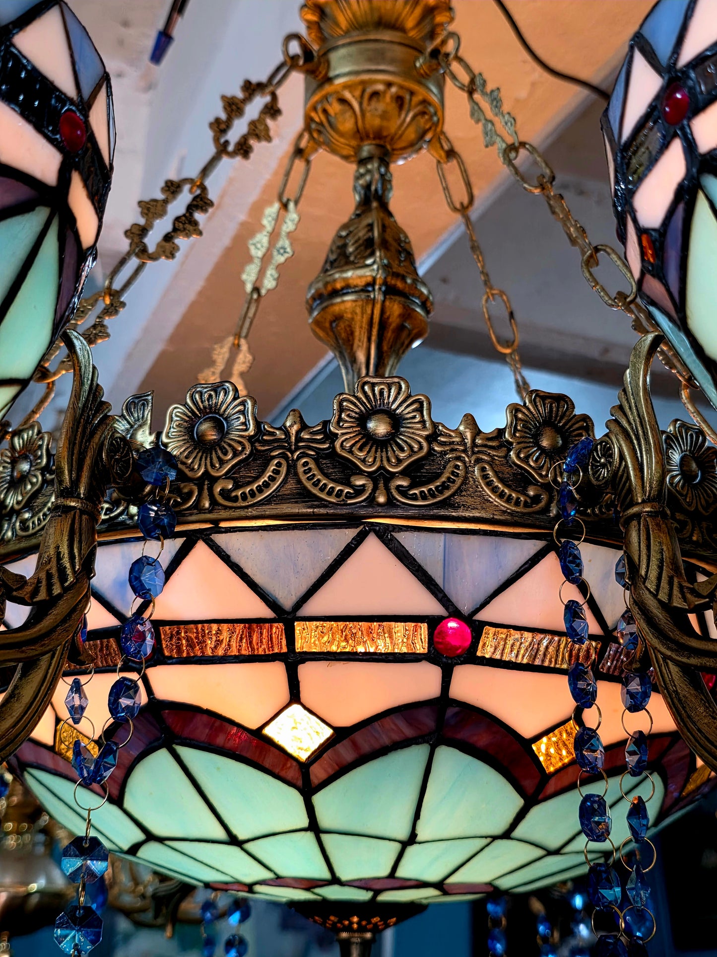 🔱💎 Candil Tiffany Retro de 9 Luces — Elegancia en Vitrales y Cristales 💙🔱