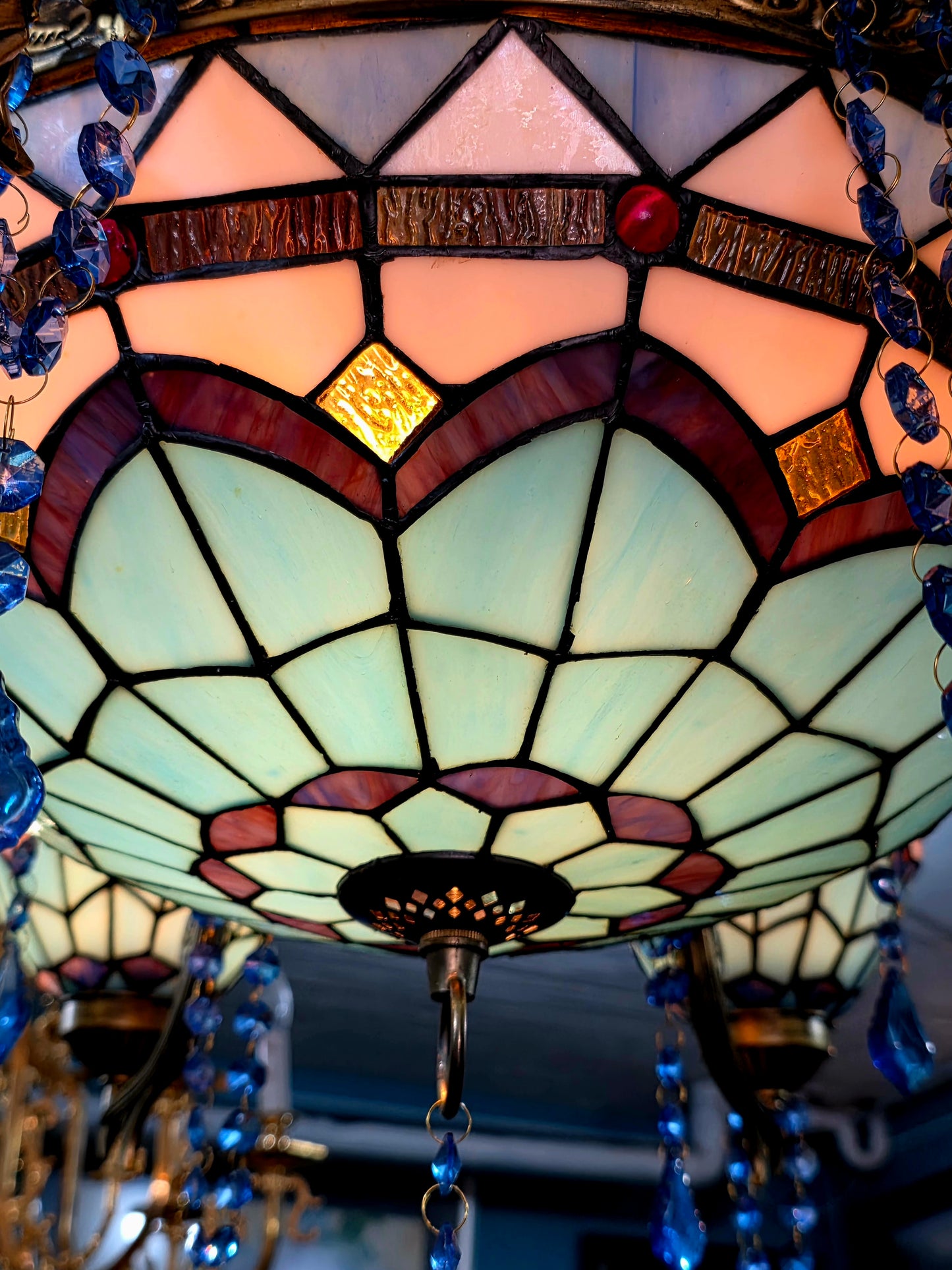 🔱💎 Candil Tiffany Retro de 9 Luces — Elegancia en Vitrales y Cristales 💙🔱