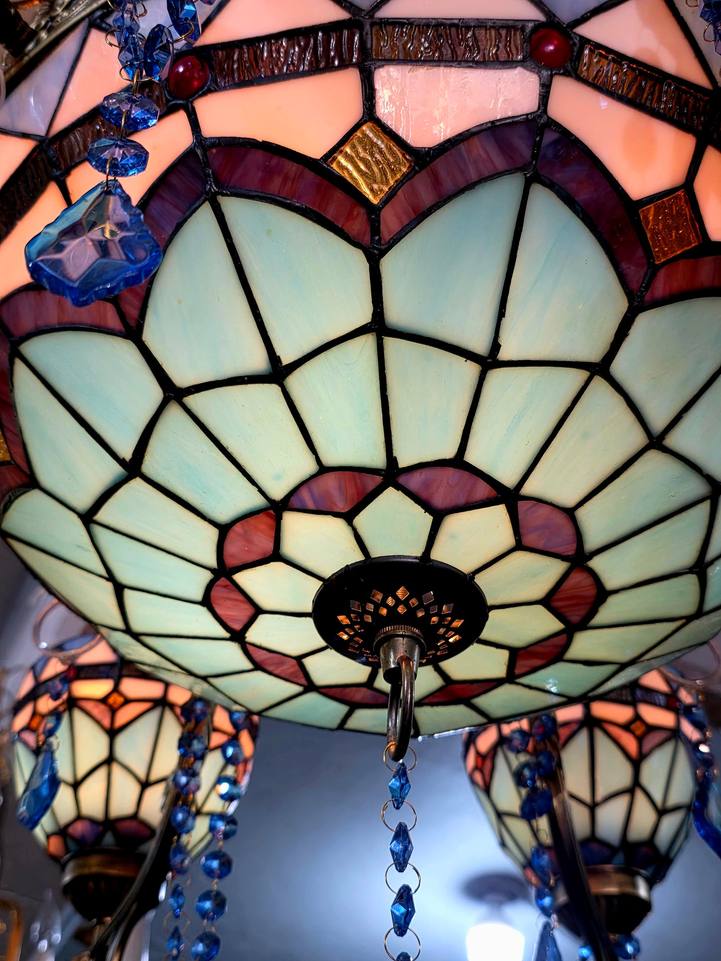 🔱💎 Candil Tiffany Retro de 9 Luces — Elegancia en Vitrales y Cristales 💙🔱