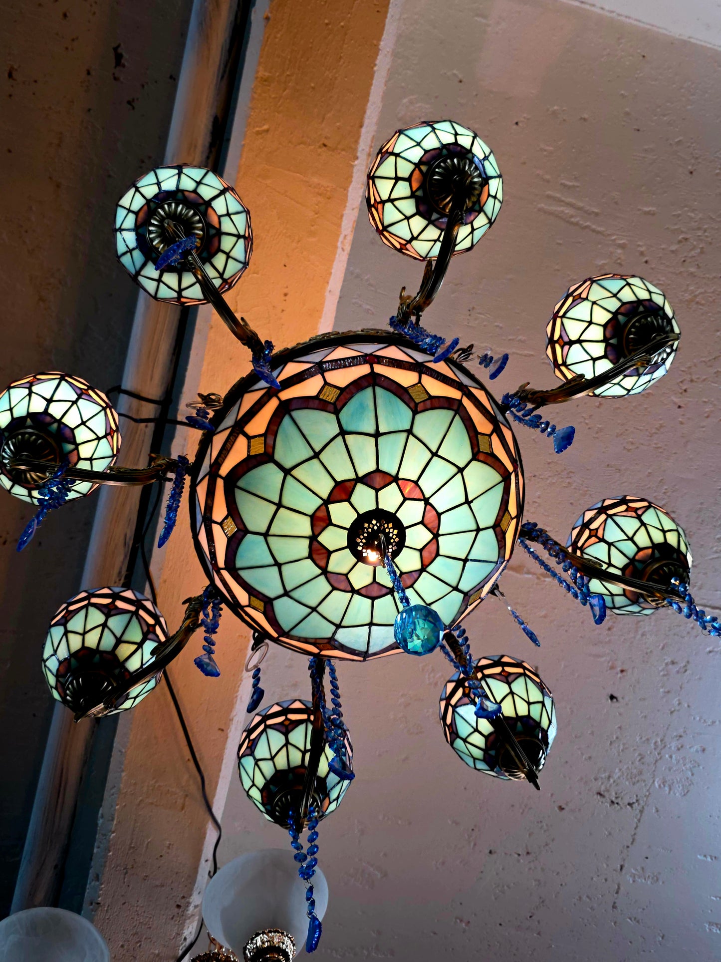 🔱💎 Candil Tiffany Retro de 9 Luces — Elegancia en Vitrales y Cristales 💙🔱