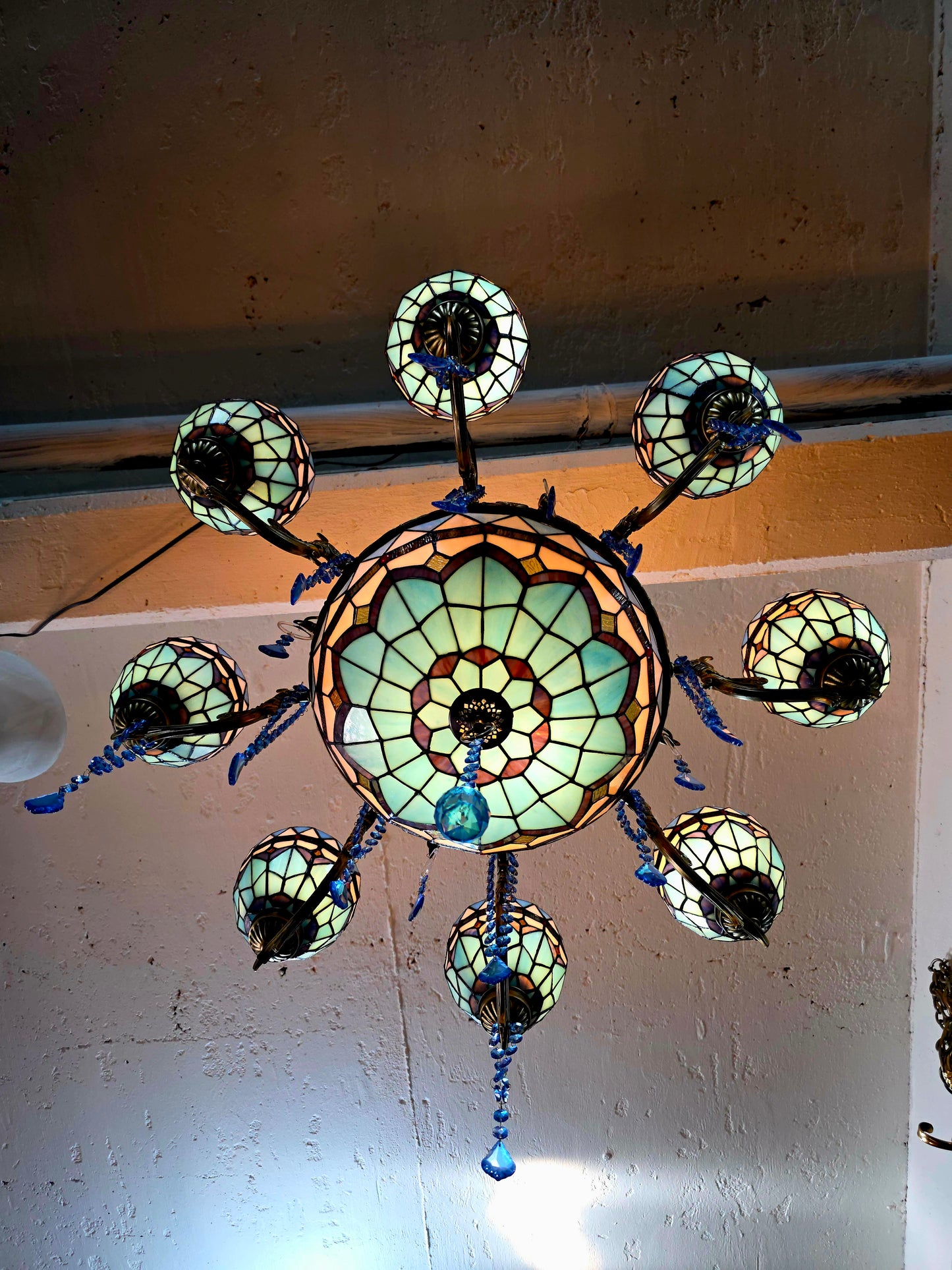 🔱💎 Candil Tiffany Retro de 9 Luces — Elegancia en Vitrales y Cristales 💙🔱