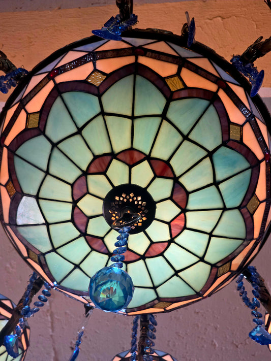 🔱💎 Candil Tiffany Retro de 9 Luces — Elegancia en Vitrales y Cristales 💙🔱