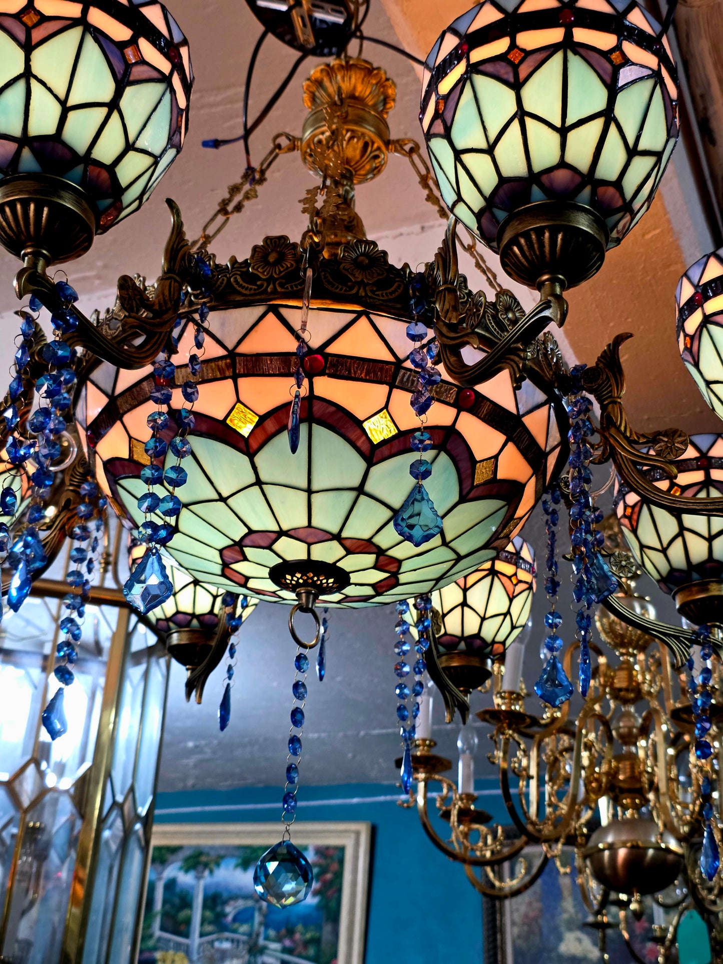 🔱💎 Candil Tiffany Retro de 9 Luces — Elegancia en Vitrales y Cristales 💙🔱