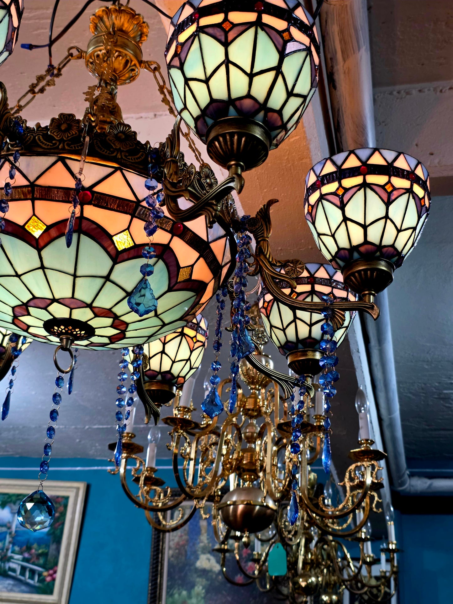 🔱💎 Candil Tiffany Retro de 9 Luces — Elegancia en Vitrales y Cristales 💙🔱