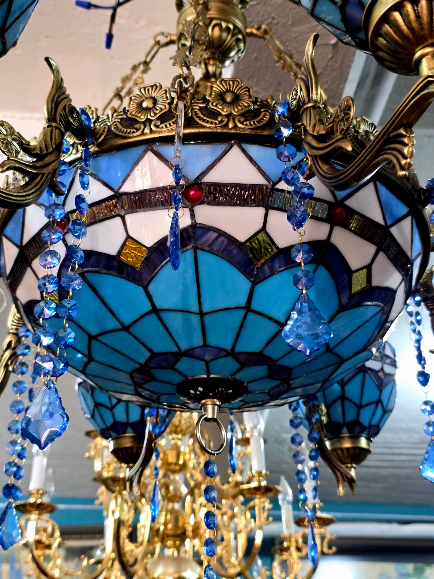 🔱💎 Candil Tiffany Retro de 9 Luces — Elegancia en Vitrales y Cristales 💙🔱