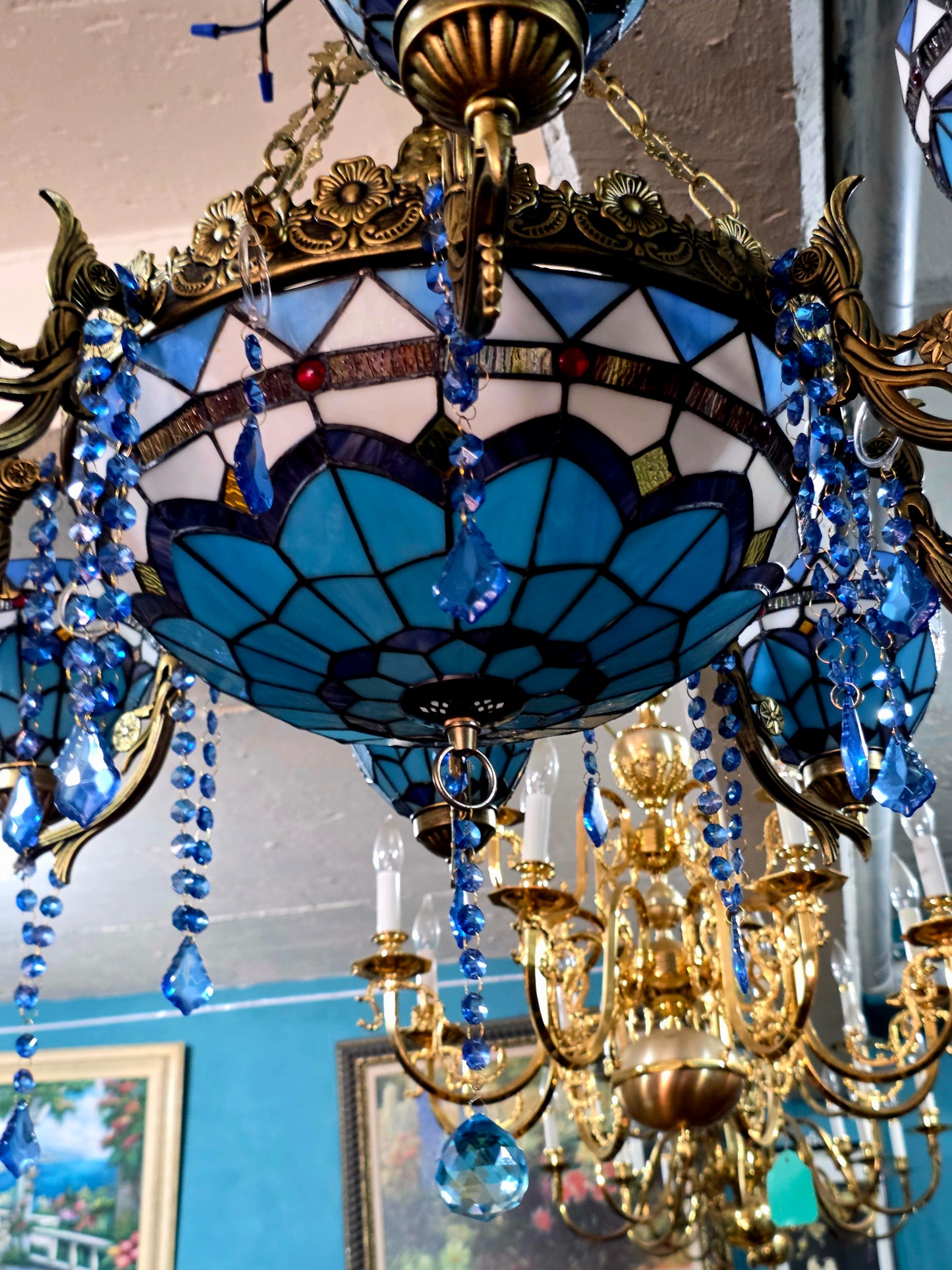 🔱💎 Candil Tiffany Retro de 9 Luces — Elegancia en Vitrales y Cristales 💙🔱