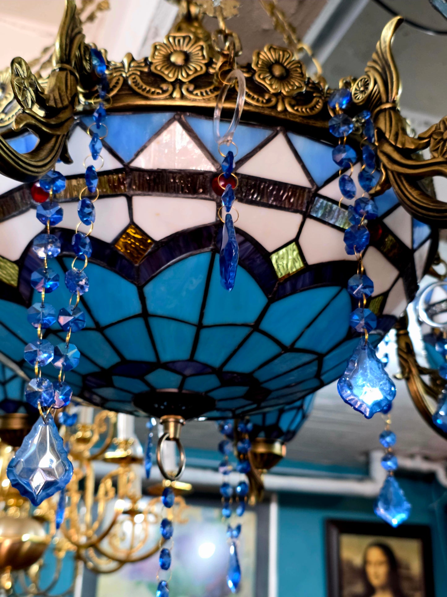 🔱💎 Candil Tiffany Retro de 9 Luces — Elegancia en Vitrales y Cristales 💙🔱