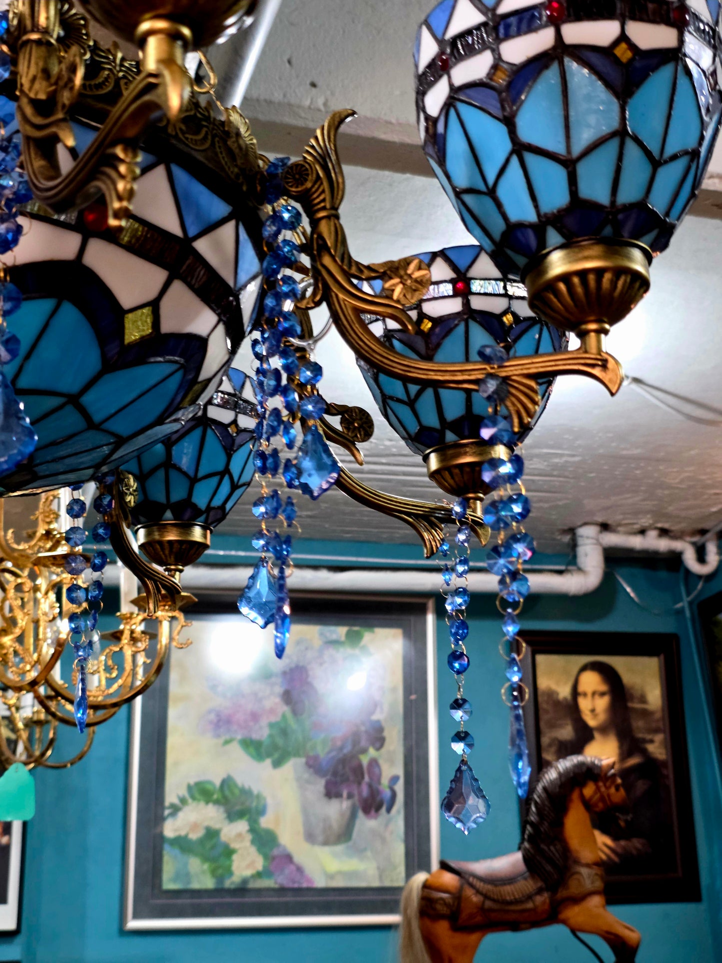 🔱💎 Candil Tiffany Retro de 9 Luces — Elegancia en Vitrales y Cristales 💙🔱