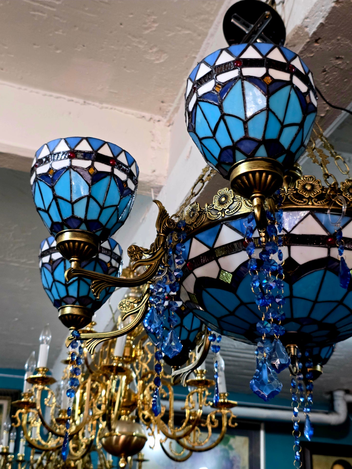 🔱💎 Candil Tiffany Retro de 9 Luces — Elegancia en Vitrales y Cristales 💙🔱