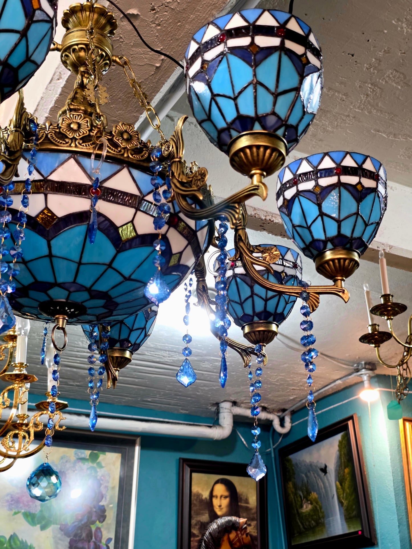 🔱💎 Candil Tiffany Retro de 9 Luces — Elegancia en Vitrales y Cristales 💙🔱