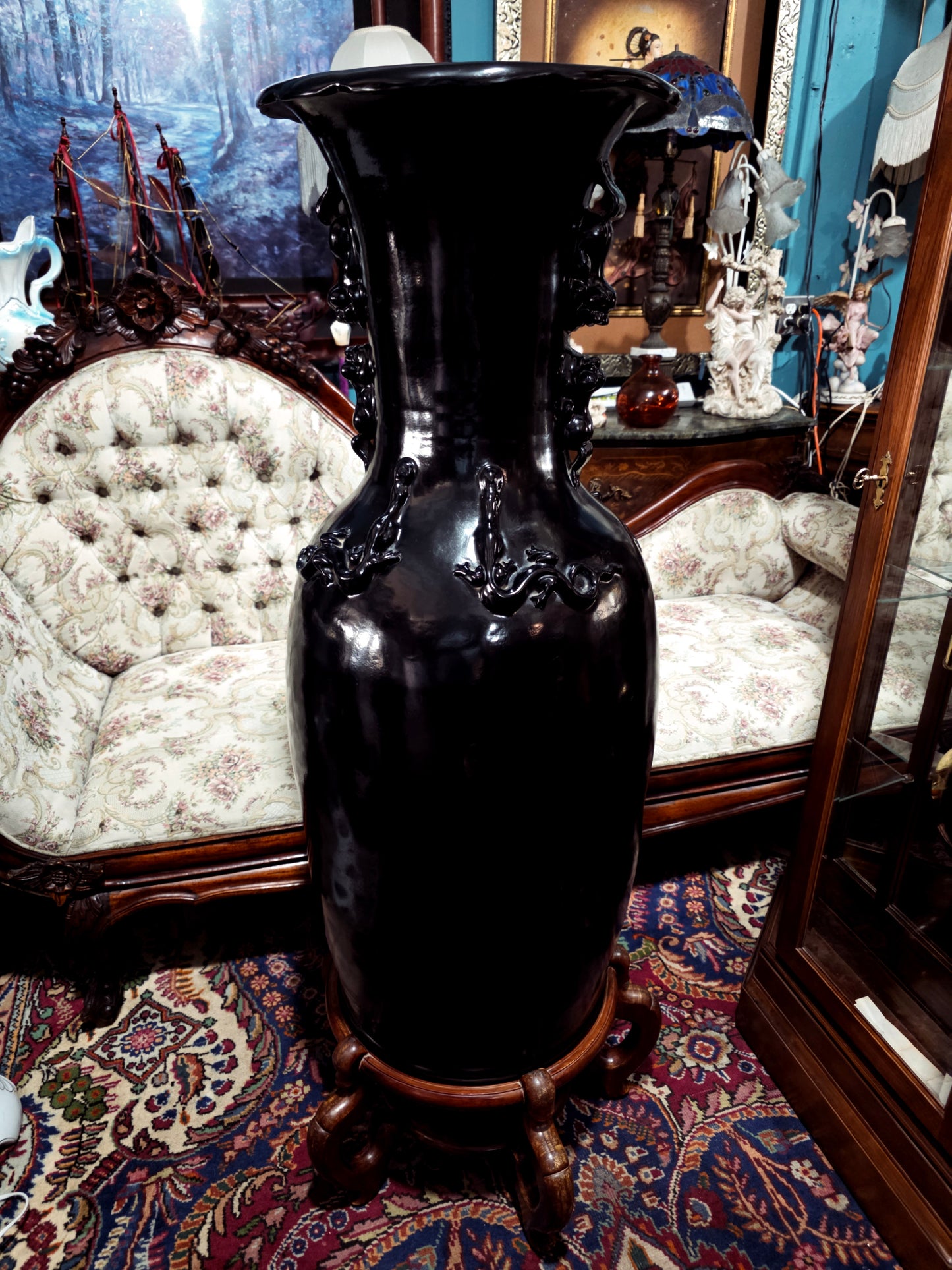 🖤 Par de Jarrones Orientales en Fibra de Vidrio con Base de Madera 🖤