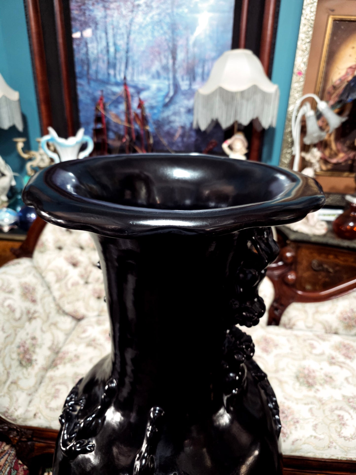 🖤 Par de Jarrones Orientales en Fibra de Vidrio con Base de Madera 🖤