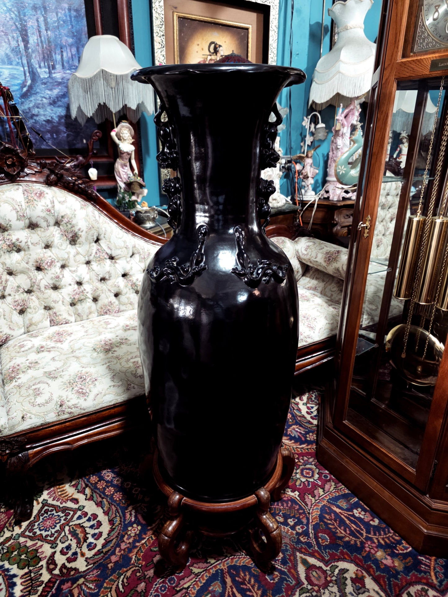 🖤 Par de Jarrones Orientales en Fibra de Vidrio con Base de Madera 🖤