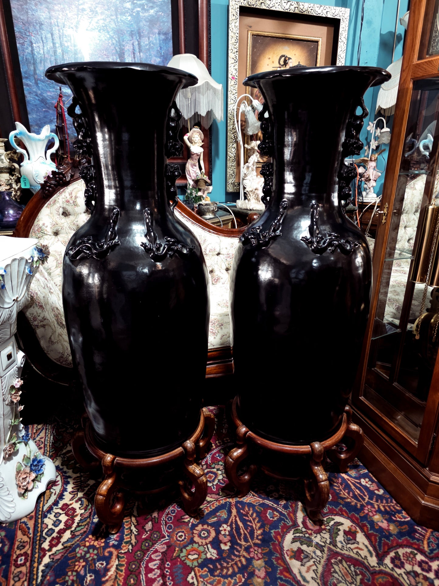 🖤 Par de Jarrones Orientales en Fibra de Vidrio con Base de Madera 🖤