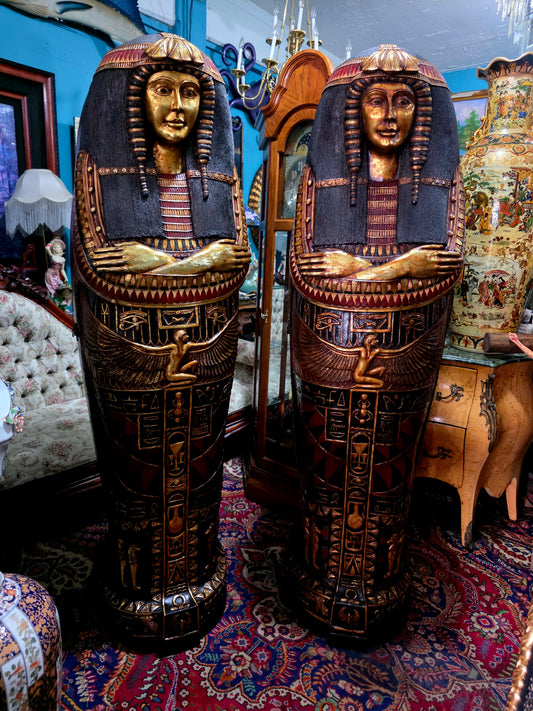 👑 Gabinetes Sarcófago de Reina Egipcia Ankhsenamun – Par Tallado y Policromado