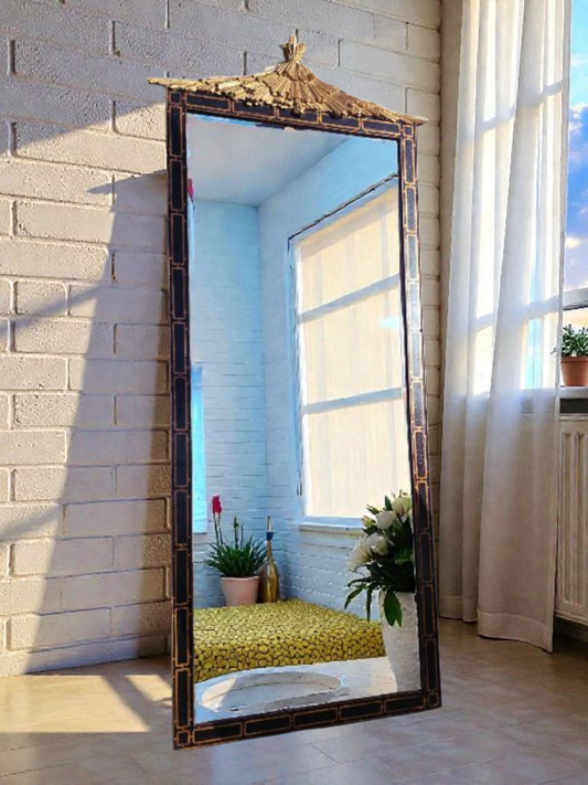 🐦 Espejo monumental estilo Chinoiserie con remate de pagoda dorada - Espejo Orietal Mid-Century🐦