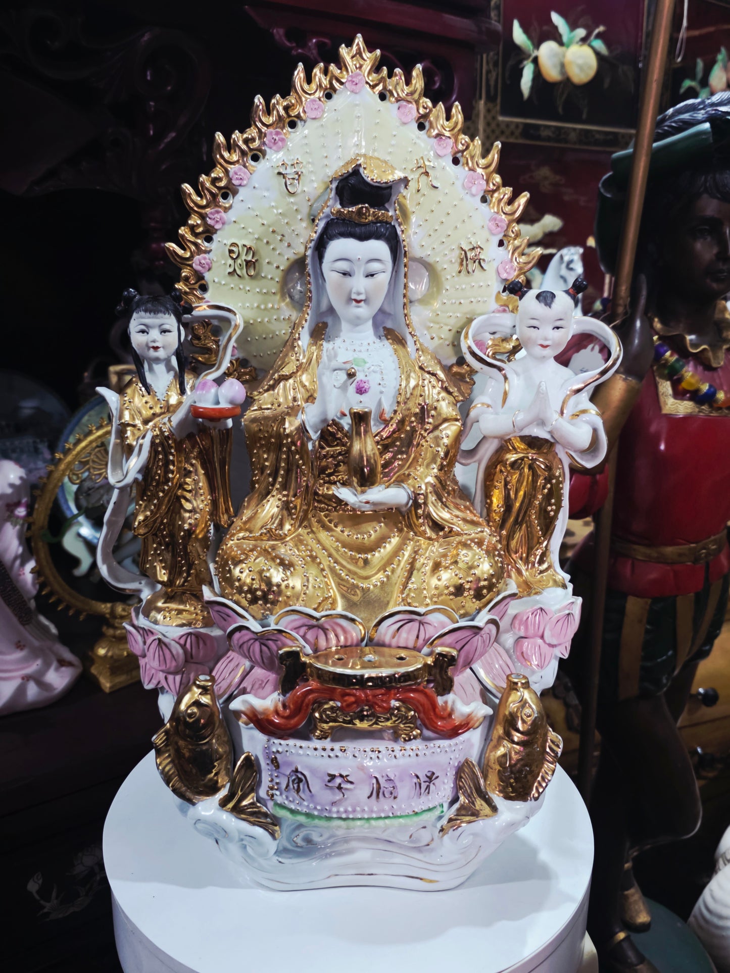 Fine Porcelain Ornamental Figurine – Guanyin with Gold and Pastel Details 🕊️🔮🌿