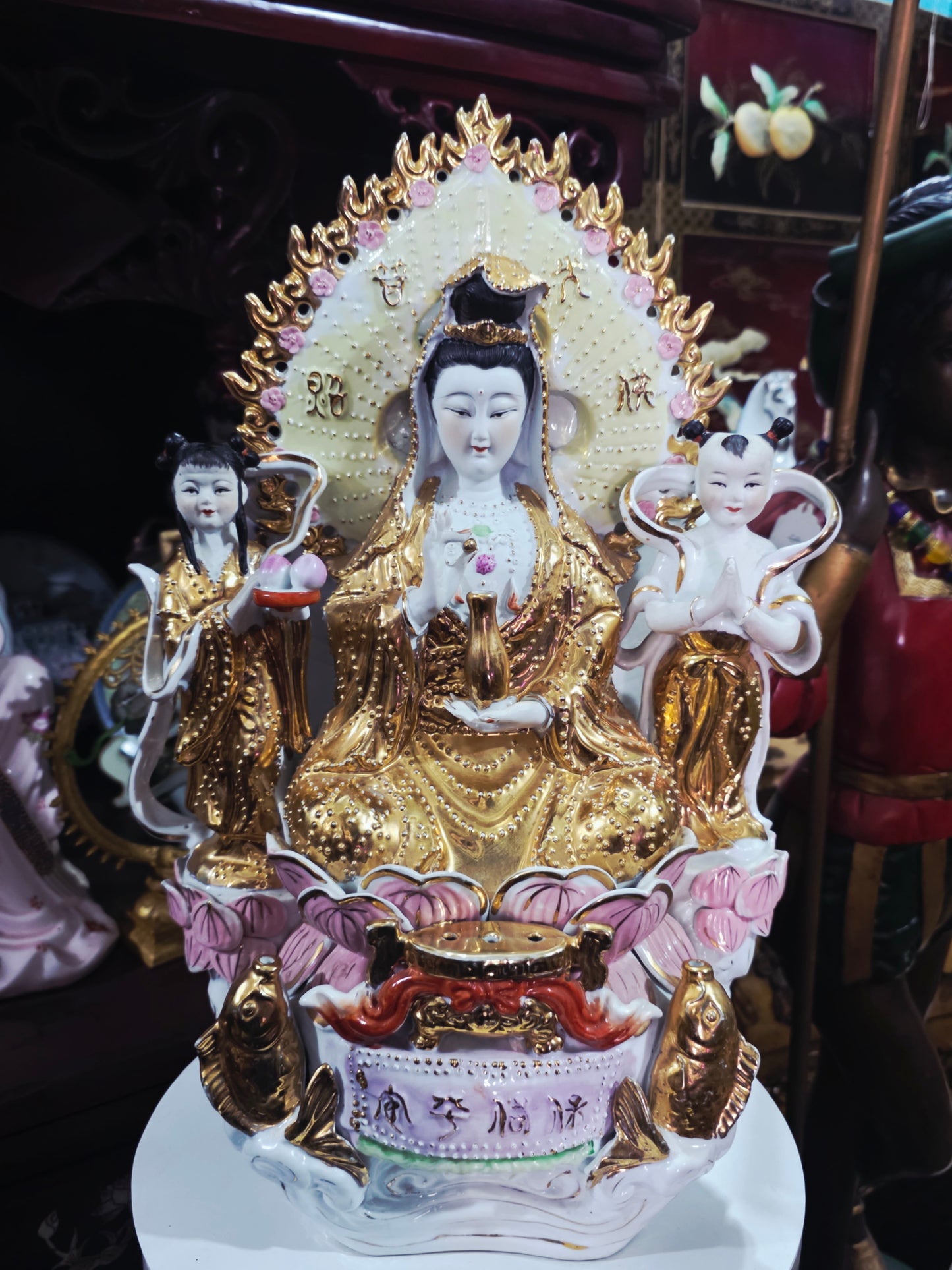 Fine Porcelain Ornamental Figurine – Guanyin with Gold and Pastel Details 🕊️🔮🌿