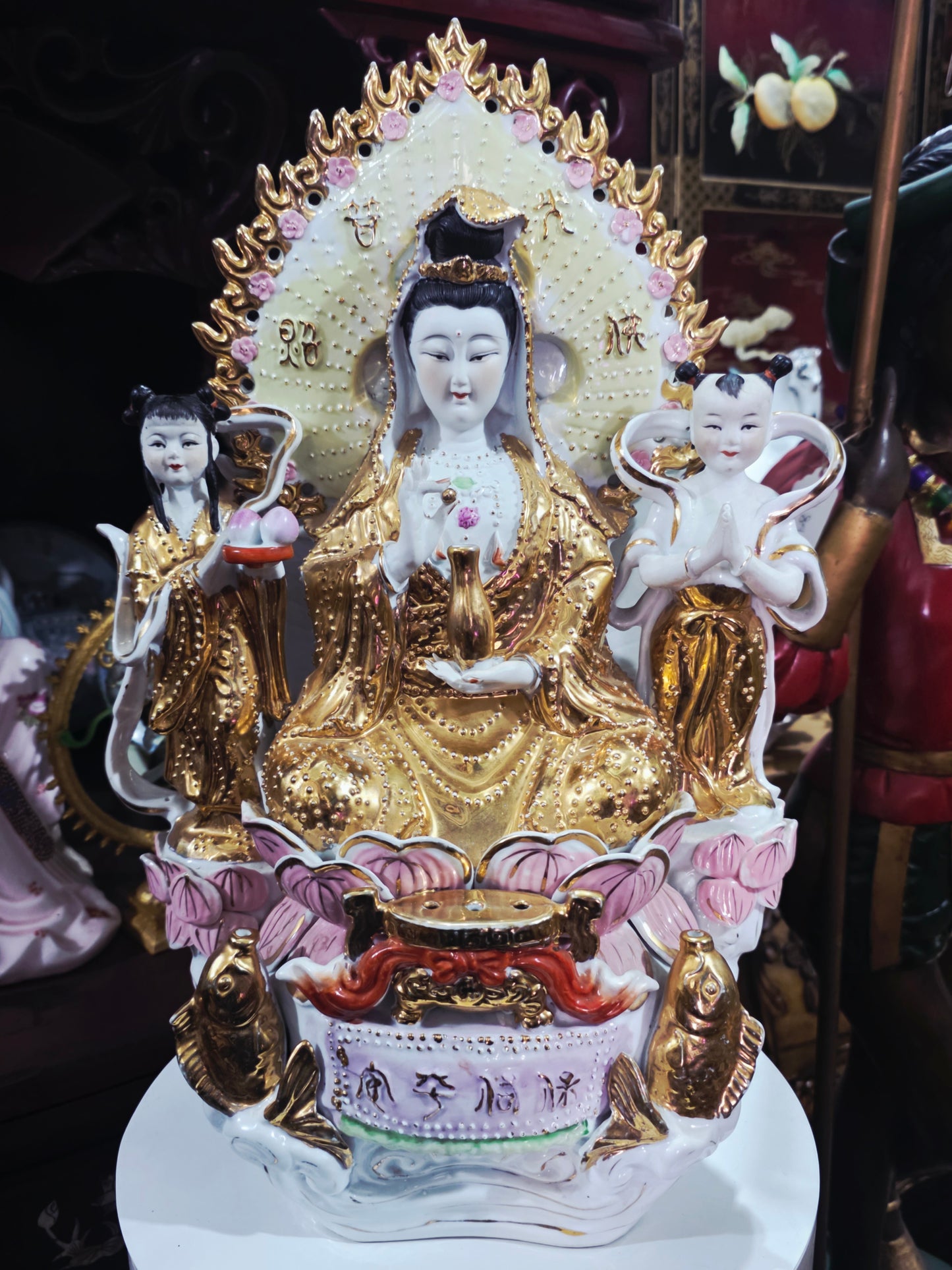 Fine Porcelain Ornamental Figurine – Guanyin with Gold and Pastel Details 🕊️🔮🌿
