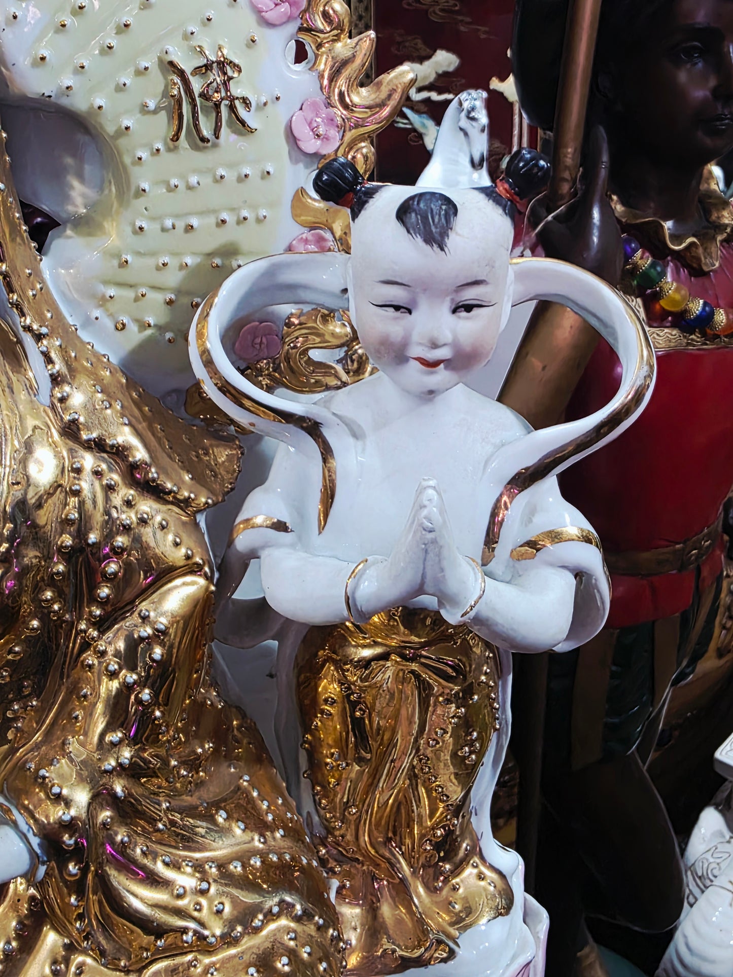 Fine Porcelain Ornamental Figurine – Guanyin with Gold and Pastel Details 🕊️🔮🌿