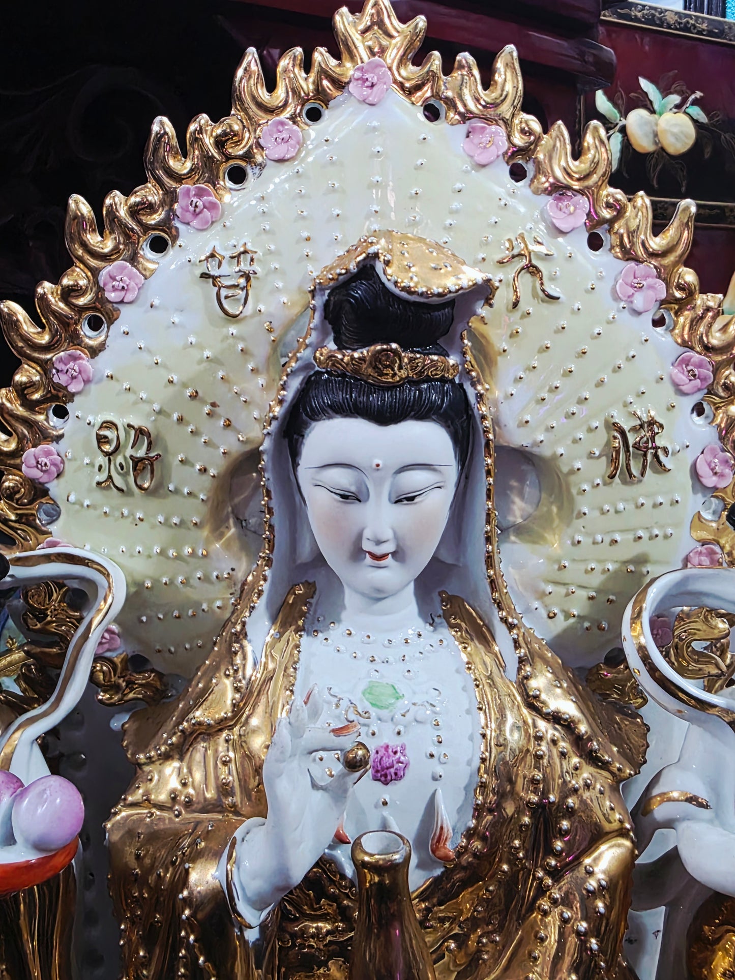 Fine Porcelain Ornamental Figurine – Guanyin with Gold and Pastel Details 🕊️🔮🌿