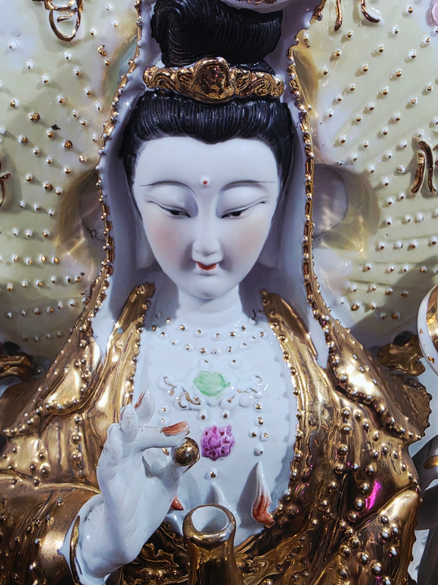 Fine Porcelain Ornamental Figurine – Guanyin with Gold and Pastel Details 🕊️🔮🌿