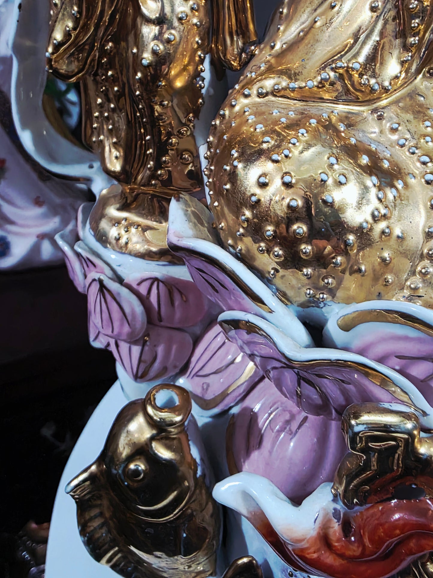 Fine Porcelain Ornamental Figurine – Guanyin with Gold and Pastel Details 🕊️🔮🌿