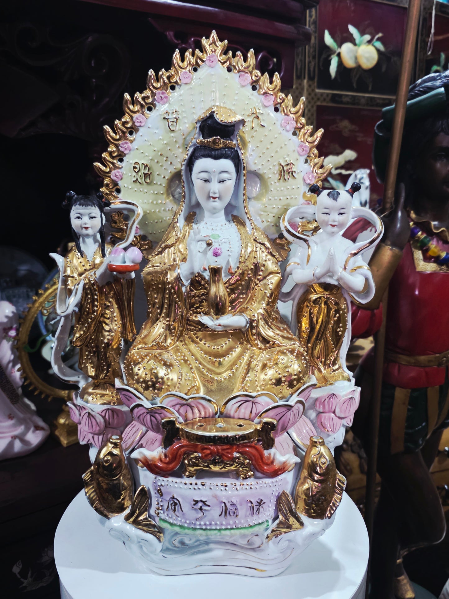 Fine Porcelain Ornamental Figurine – Guanyin with Gold and Pastel Details 🕊️🔮🌿