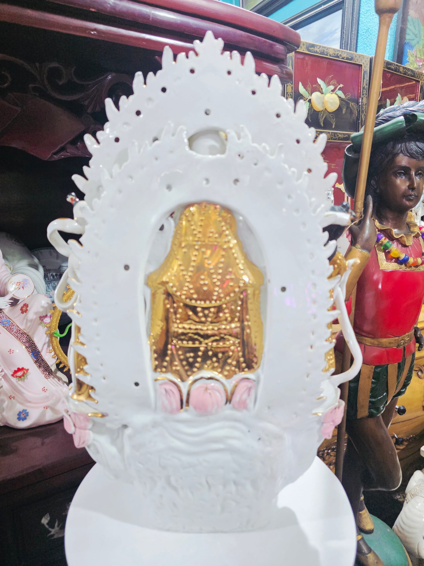 Fine Porcelain Ornamental Figurine – Guanyin with Gold and Pastel Details 🕊️🔮🌿