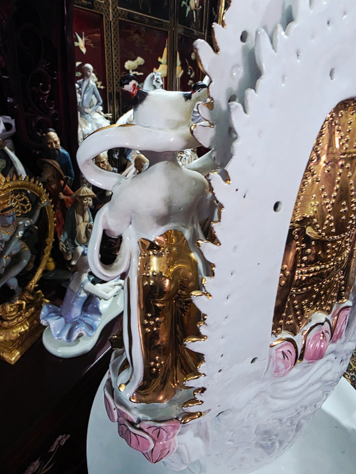 Fine Porcelain Ornamental Figurine – Guanyin with Gold and Pastel Details 🕊️🔮🌿