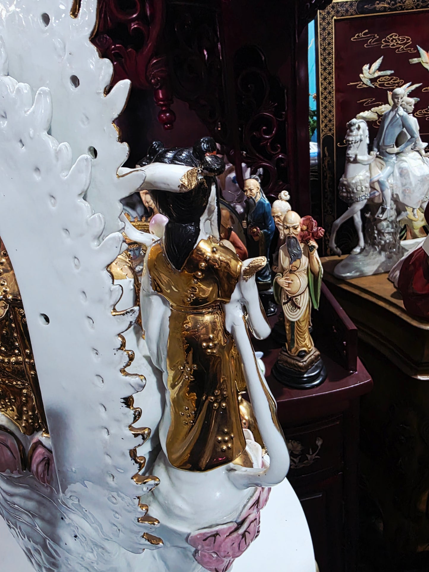 Fine Porcelain Ornamental Figurine – Guanyin with Gold and Pastel Details 🕊️🔮🌿