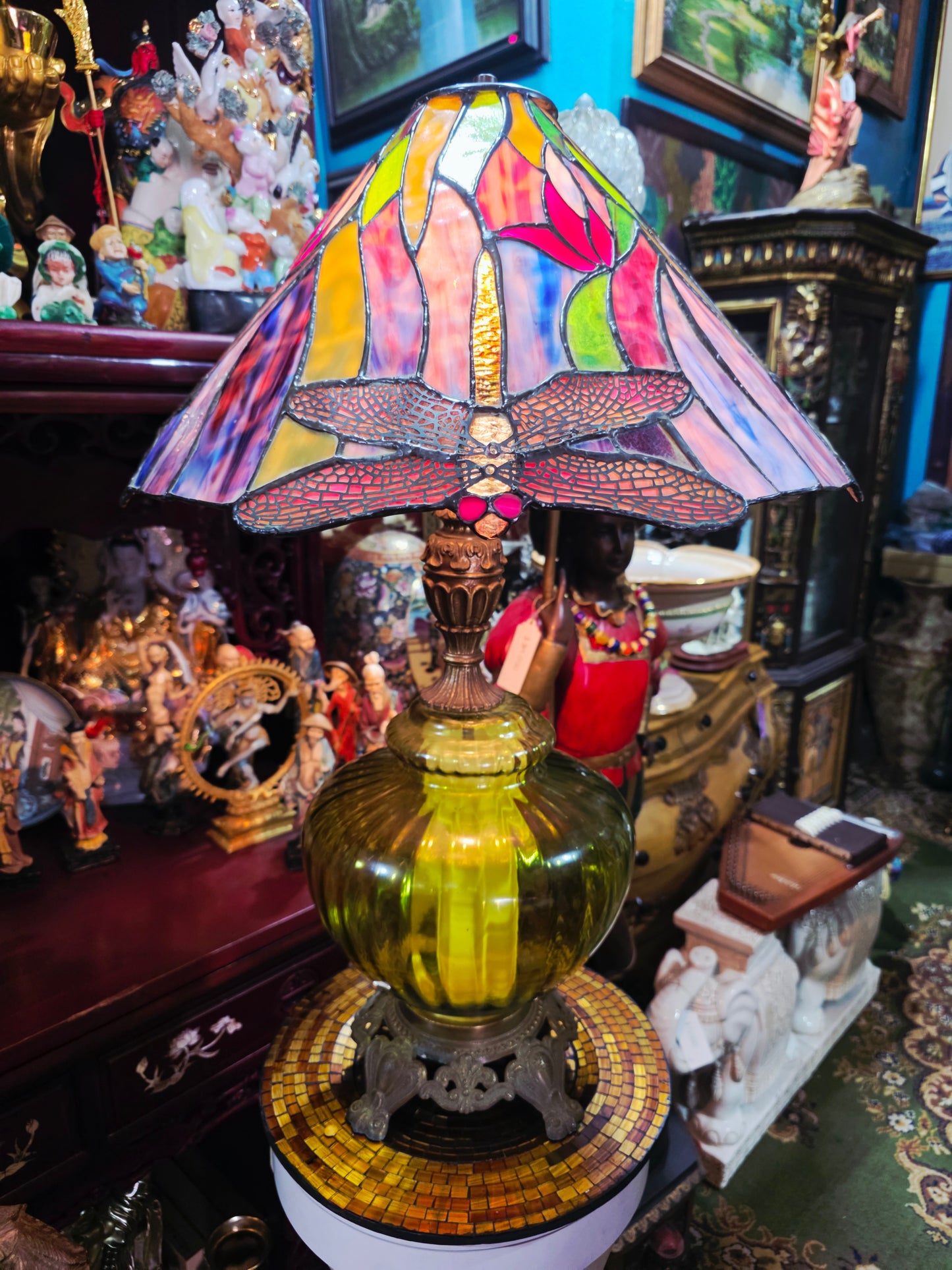 Tiffany Stained Glass Lamp with Dragonflies - Crystal and Bronze Base 🕯️🪶