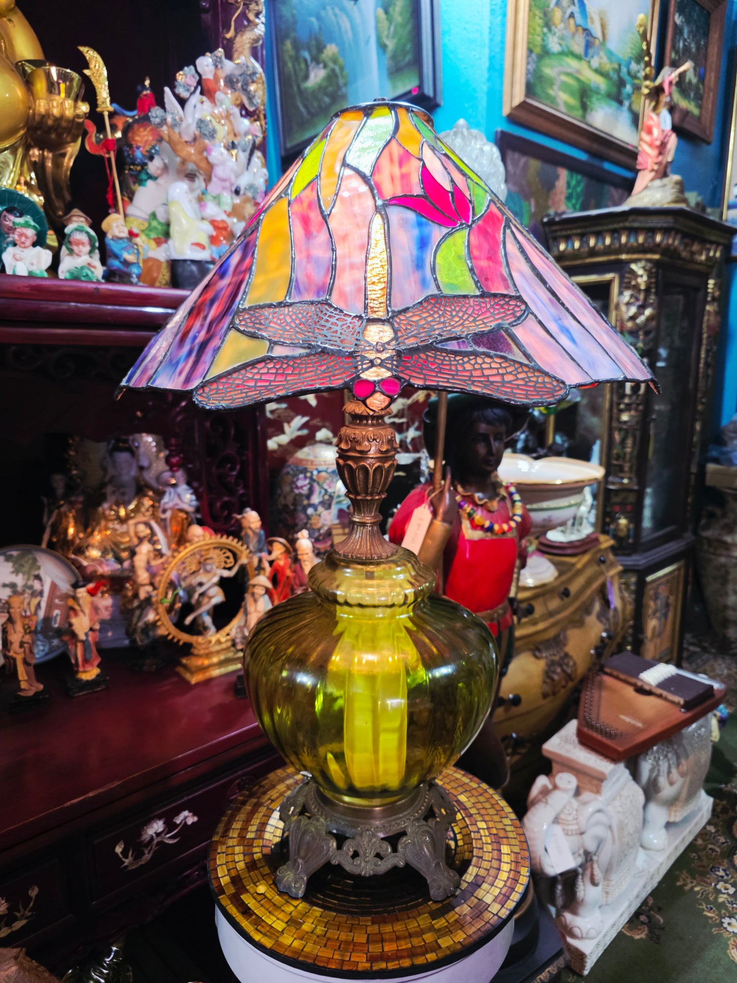 Tiffany Stained Glass Lamp with Dragonflies - Crystal and Bronze Base 🕯️🪶