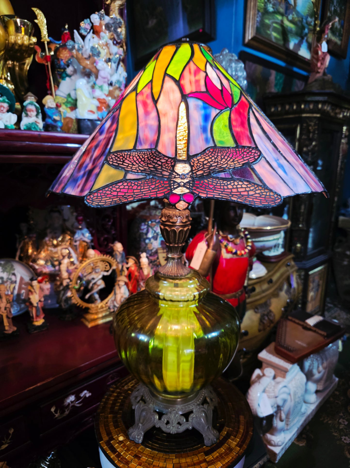 Tiffany Stained Glass Lamp with Dragonflies - Crystal and Bronze Base 🕯️🪶