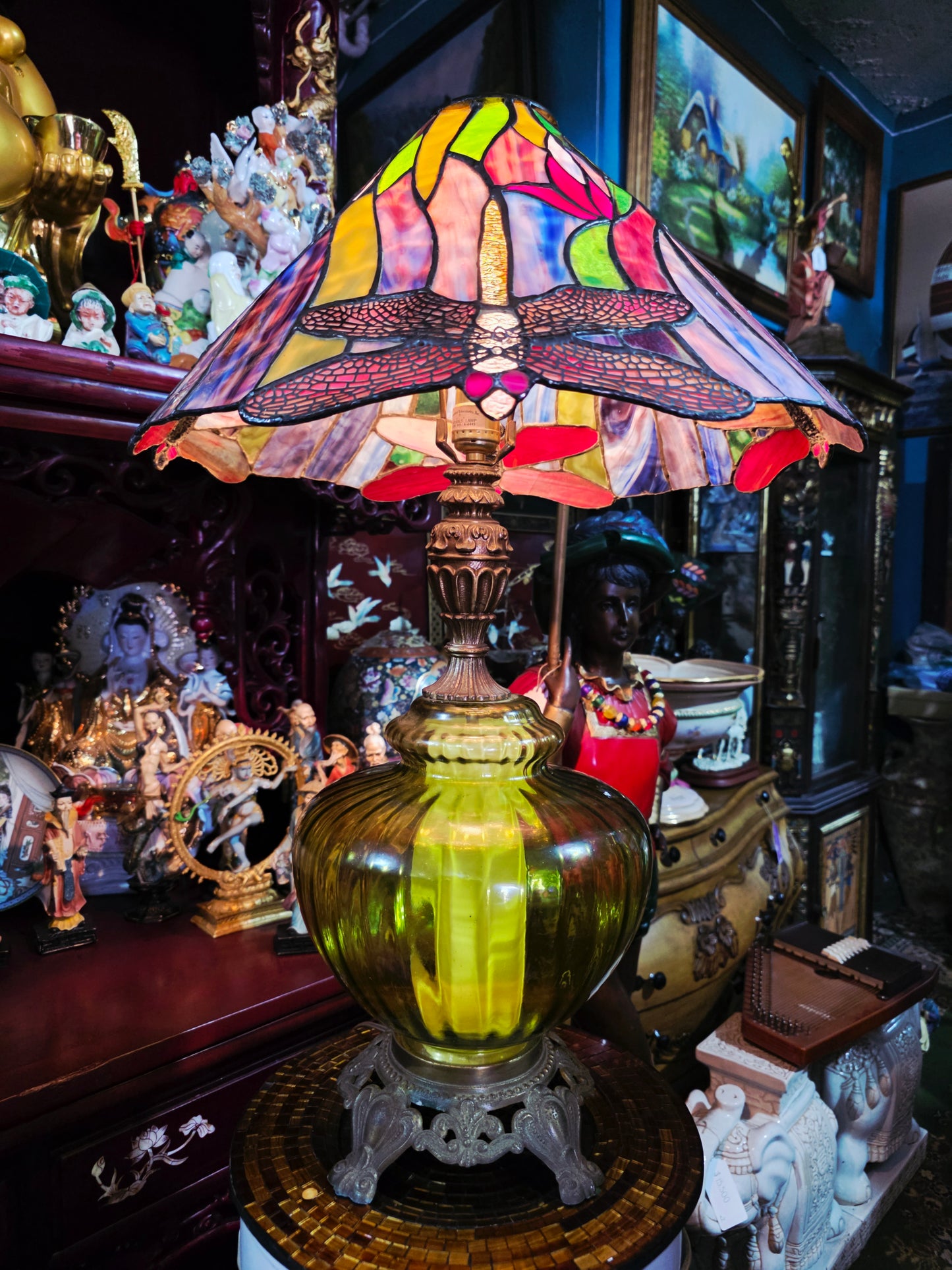 Tiffany Stained Glass Lamp with Dragonflies - Crystal and Bronze Base 🕯️🪶