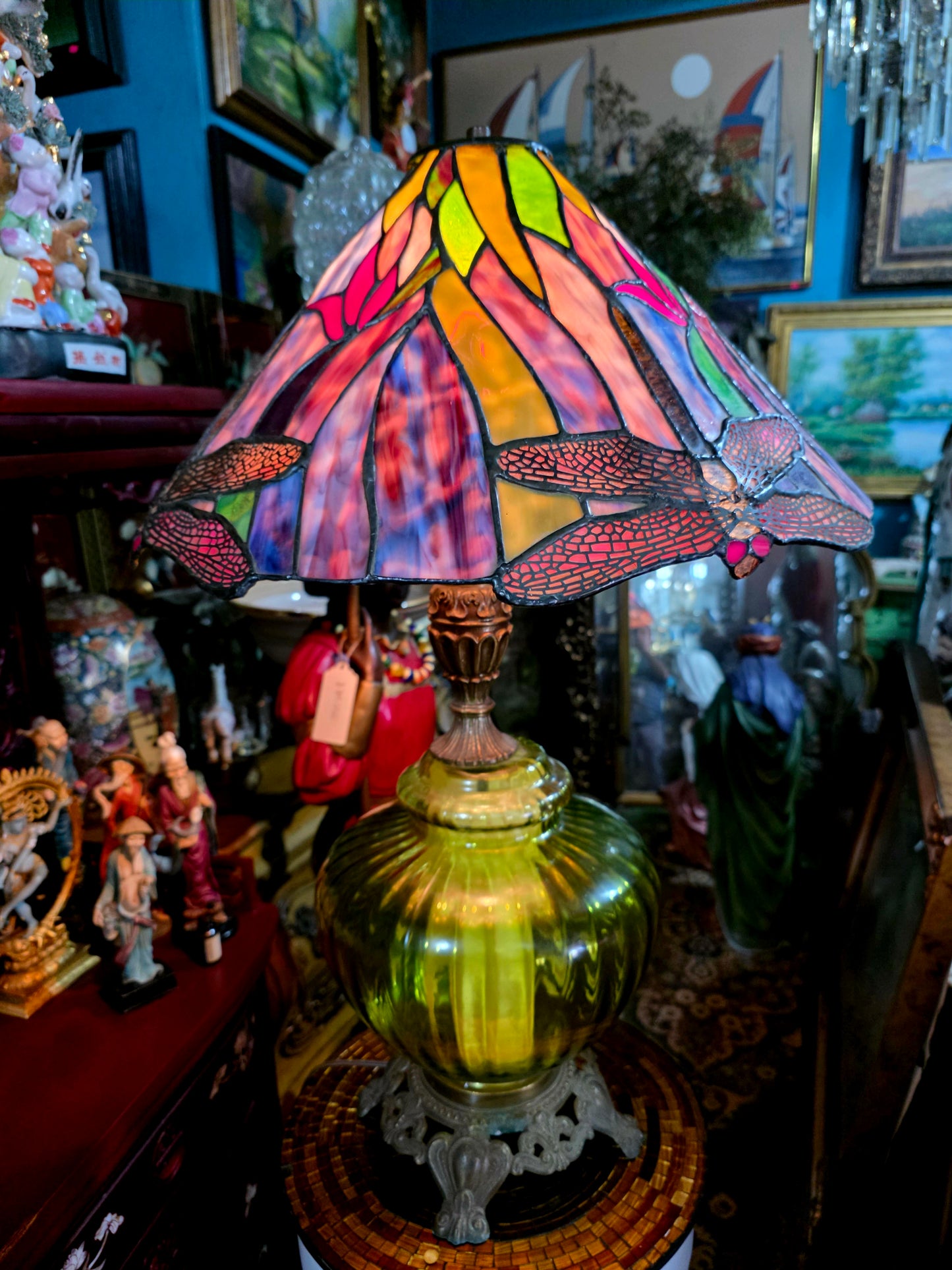 Tiffany Stained Glass Lamp with Dragonflies - Crystal and Bronze Base 🕯️🪶