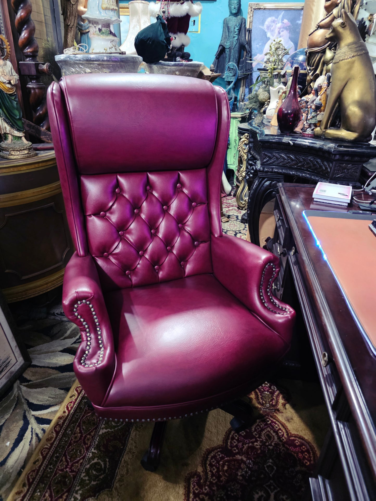 Faux Leather Executive Chair with Textured Details and Decorative Brass Tacks 🪞🪙🪶