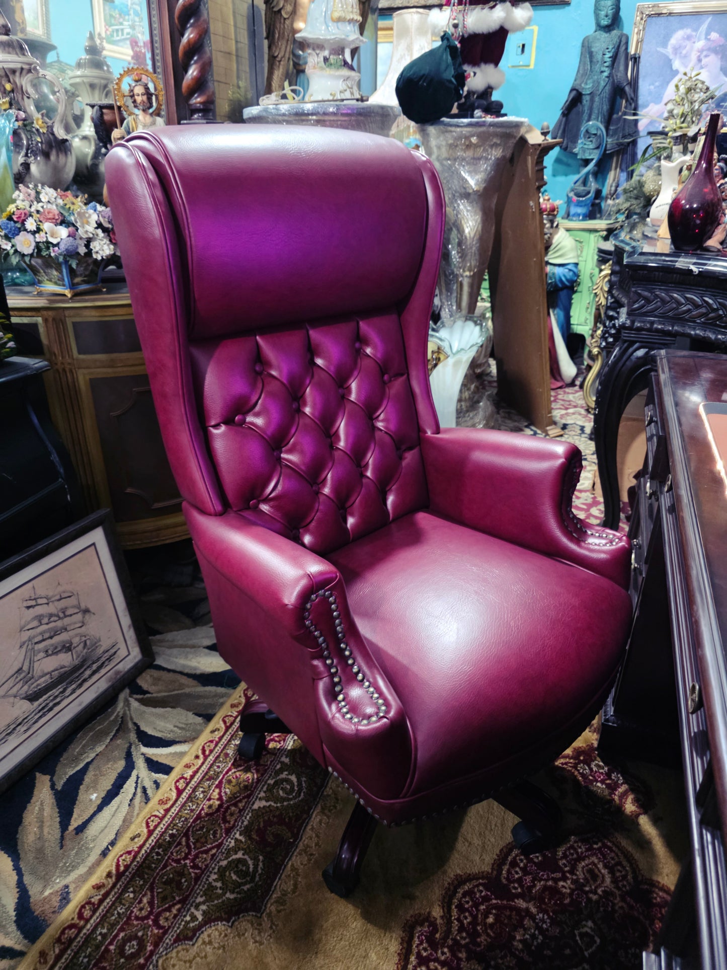 Faux Leather Executive Chair with Textured Details and Decorative Brass Tacks 🪞🪙🪶