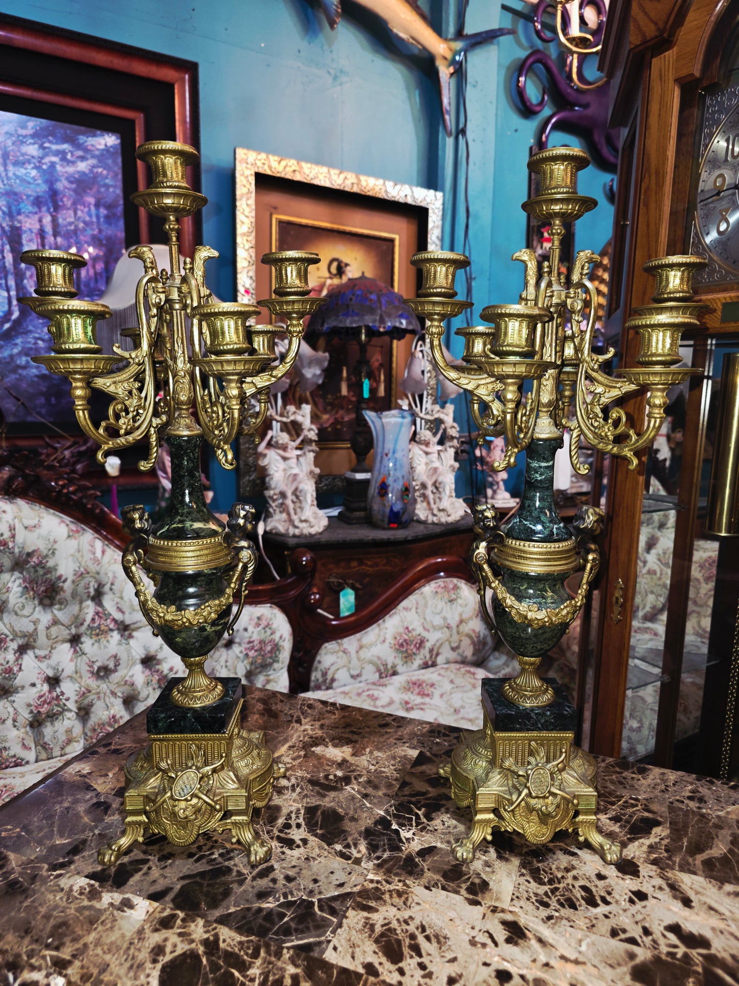 Set of Italian Bronze and Marble Candelabras & French Figural Clock 🕰️🪔🌿