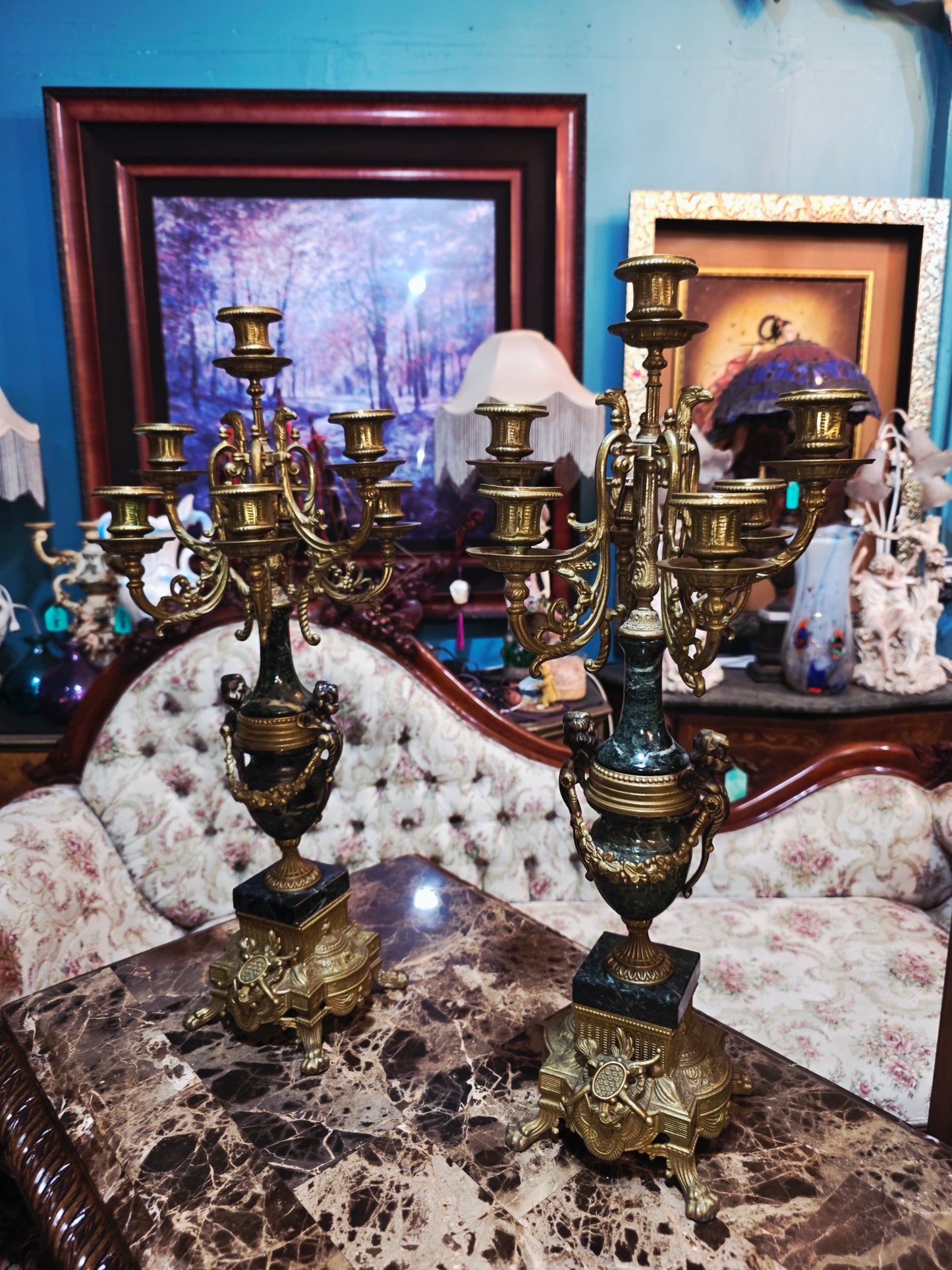 Set of Italian Bronze and Marble Candelabras & French Figural Clock 🕰️🪔🌿