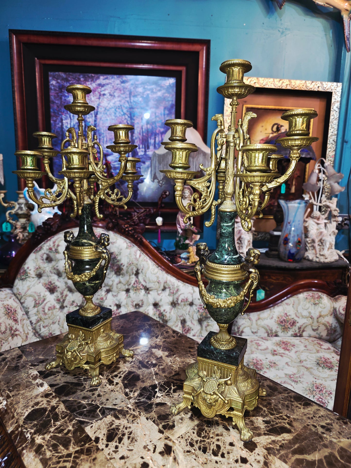 Set of Italian Bronze and Marble Candelabras & French Figural Clock 🕰️🪔🌿